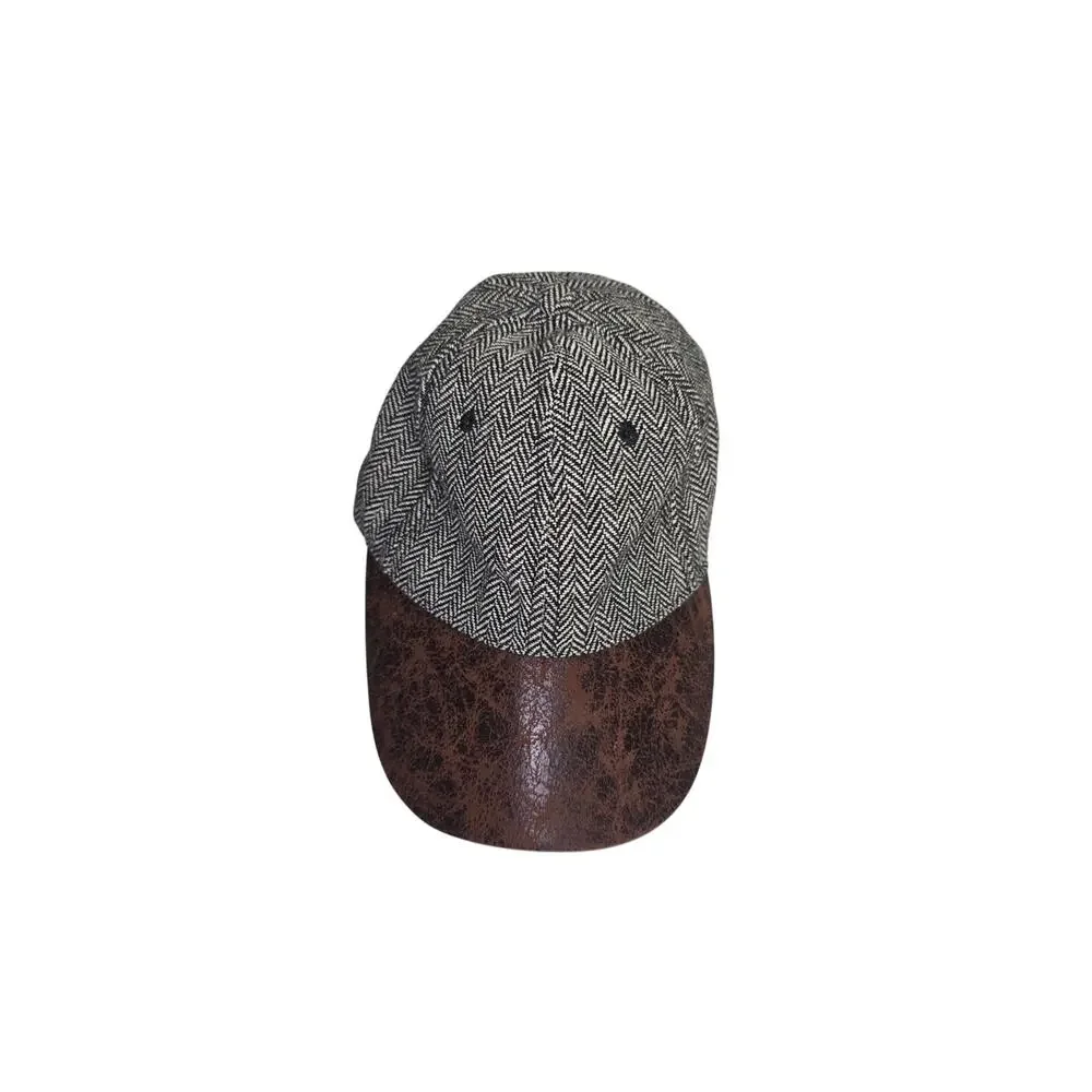 Herringbone Fabric Baseball Cap with Brown Faux-Leather Brim